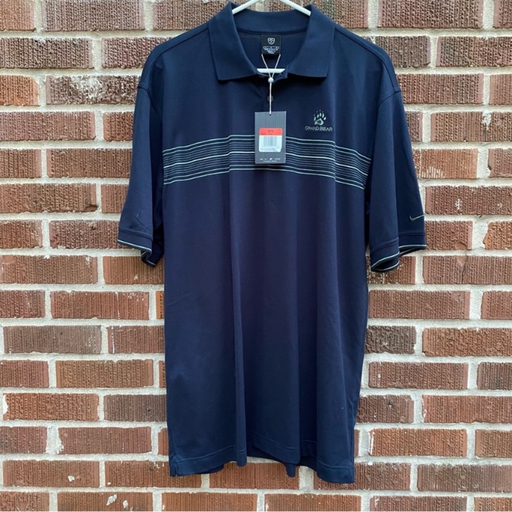 Nike NWT Athletic Golf Polo blue with white stripes Grand Bear shirt Size large